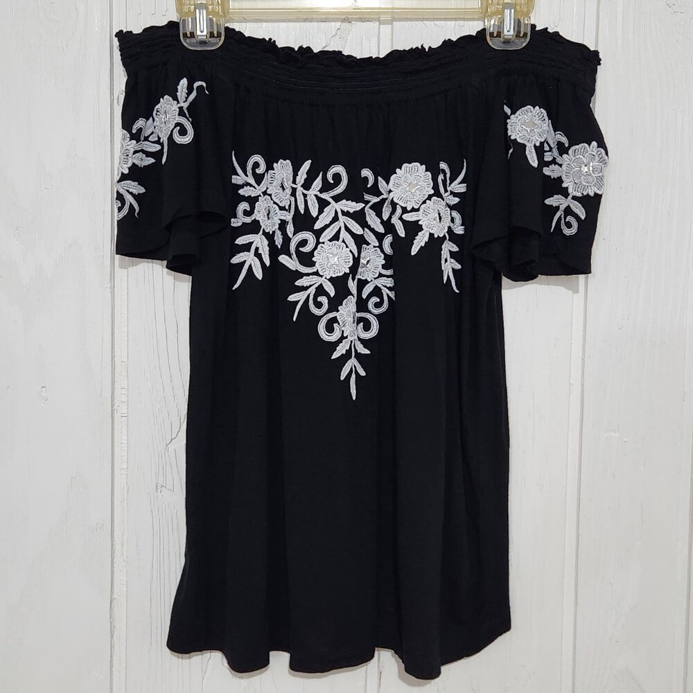INC International Concepts Black Embroidered Flowers Off the Shoulder Top Size S